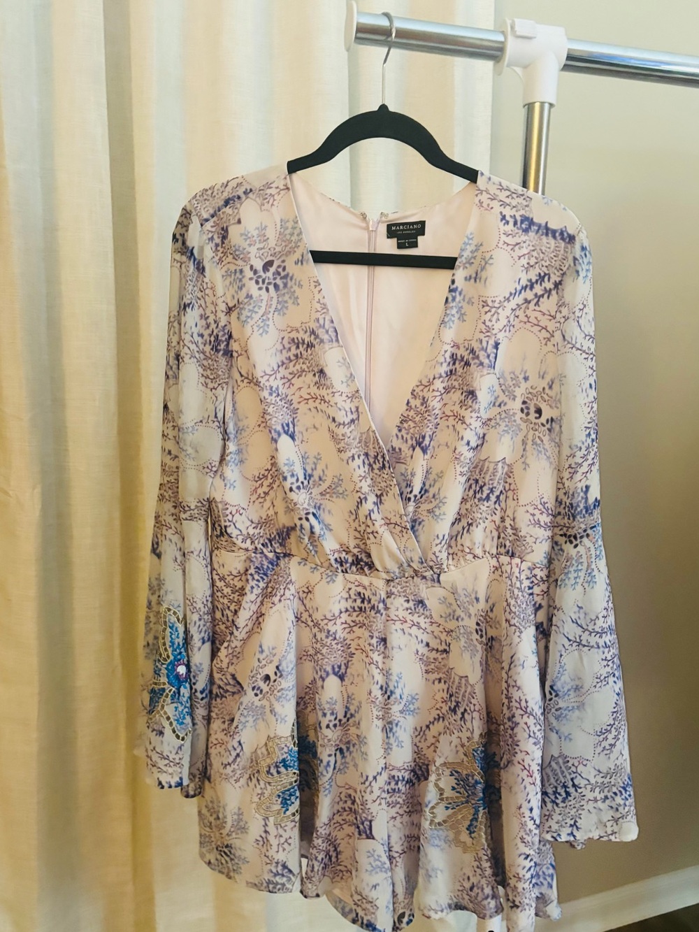 Marciano Cream and Blue Botanical Wrap Romper